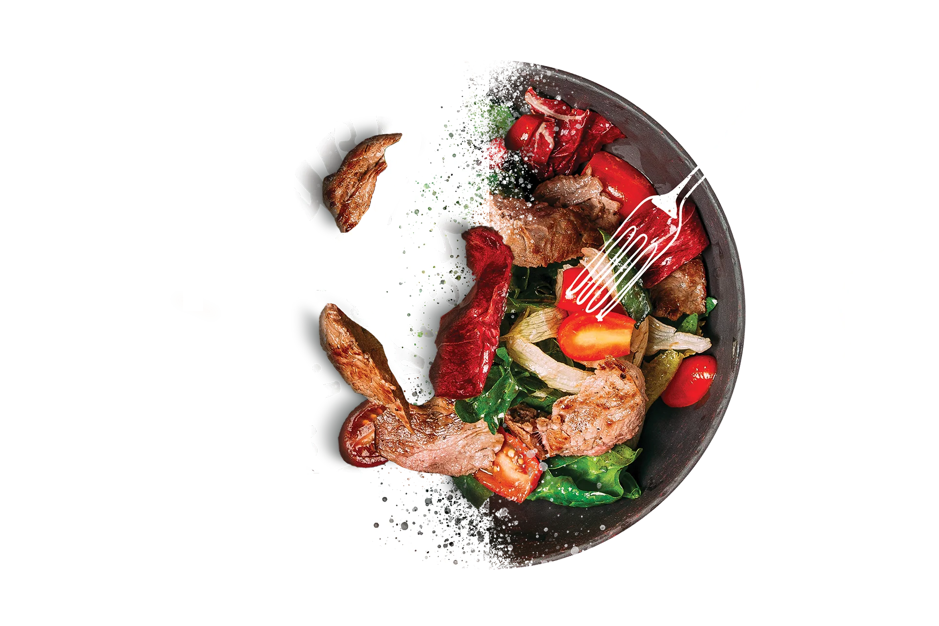 Miska šalátu s mäsom a zeleninou na oranžovom pozadí s grafickými prvkami